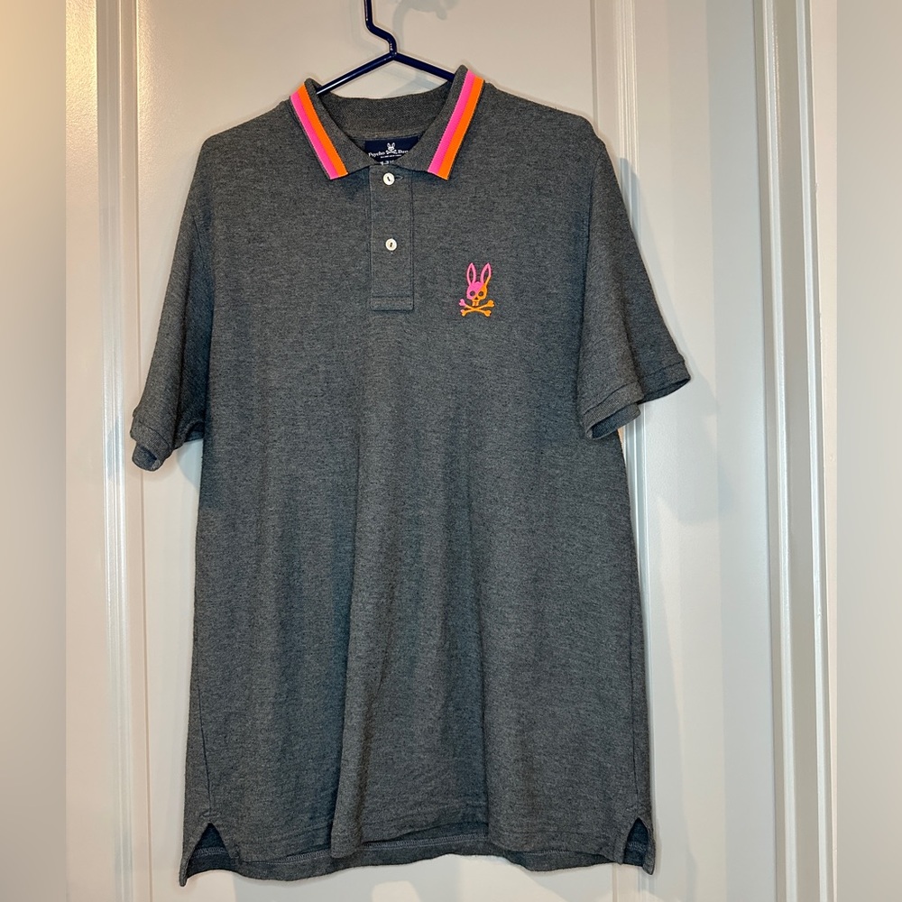 Psycho Bunny Men’s Polo Grey with Orange/Pink accent size 6